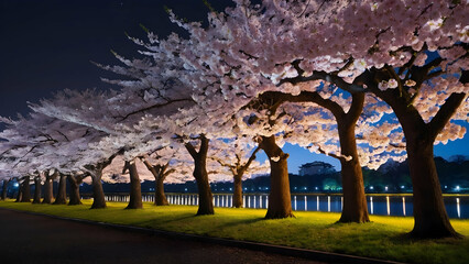 Illuminated cherry blossoms at Tokyo�s Imperial Palace Photo real for Legal reviewing theme ,Full depth of field, clean bright tone, high quality ,include copy space, No noise, creative idea