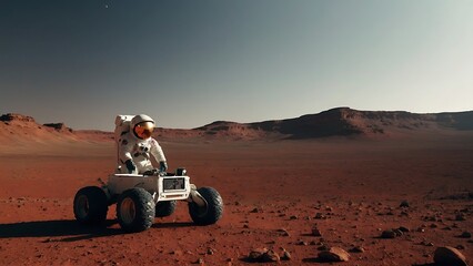 Astronaut in the desert with Mars rover in the background.
