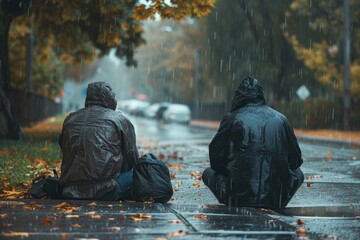 Side view of two men holding hands while sitting on rain outdoors. Homeless, empathy, support and compassion concept, Generative AI - obrazy, fototapety, plakaty