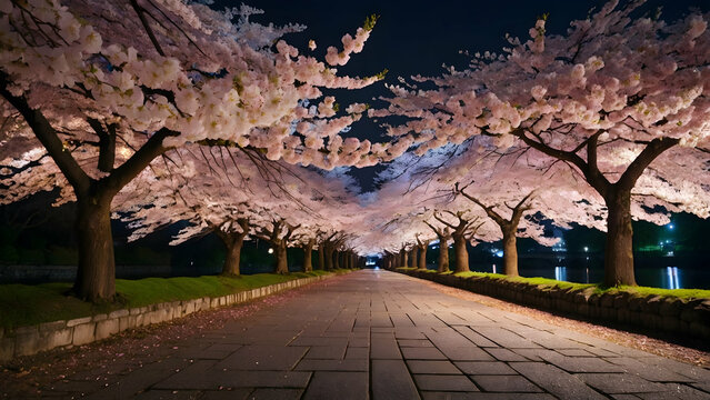 Illuminated cherry blossoms at Tokyo�s Imperial Palace Photo real for Legal reviewing theme ,Full depth of field, clean bright tone, high quality ,include copy space, No noise, creative idea