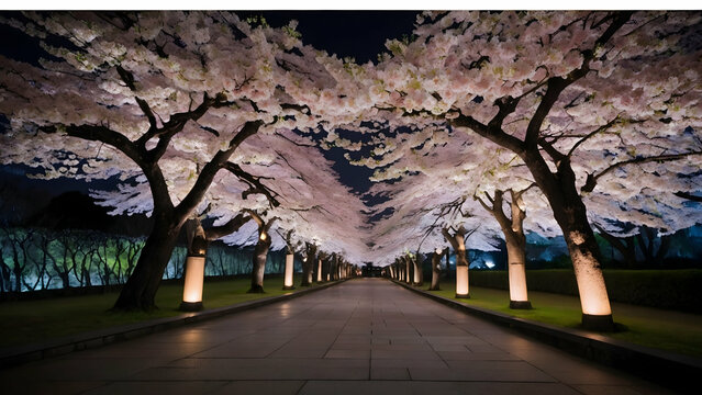 Illuminated cherry blossoms at Tokyo�s Imperial Palace Photo real for Legal reviewing theme ,Full depth of field, clean bright tone, high quality ,include copy space, No noise, creative idea