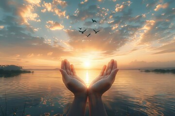 Hands open palm up worship with birds flying over calm water sunset background. Concept of praying for blessing from God, Generative AI