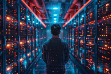 Rear view of successful data center IT specialist checking cloud servers while working as system administrator for cyber security, Generative AI - obrazy, fototapety, plakaty