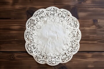 Round lace doily under cake with floral border pattern, circle lacy napkin. - obrazy, fototapety, plakaty
