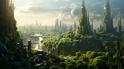 A futuristic cityscape overrun by nature with skyscrap