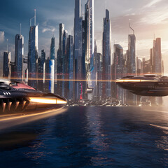 Futuristic city with high-rise buildings - obrazy, fototapety, plakaty