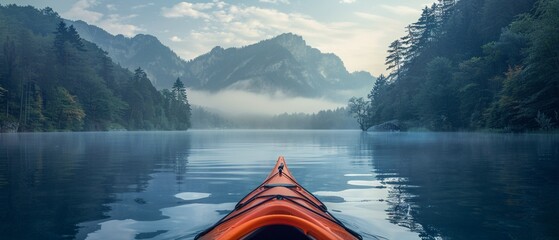 Kayaking serene mountain lake, mist rising, early morning, tranquil exploration , photographic style - obrazy, fototapety, plakaty