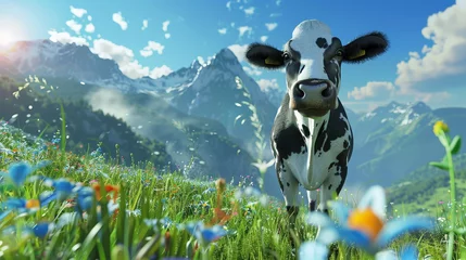 Foto op Canvas Alpine Pastures: Curious Cow Enjoying the Summer in a Mountainous Landscape © Farnaces