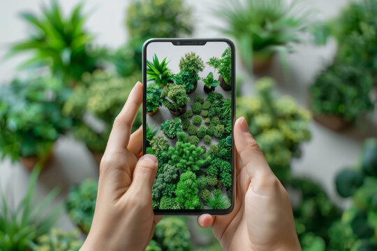 A person is holding a cell phone up to a plant, taking a picture of it