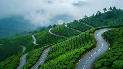 Curved  Road patterns in green grass tea farm, sky clouds landscape view.