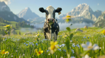 Alpine Pastures: Curious Cow Enjoying the Summer in a Mountainous Landscape - obrazy, fototapety, plakaty