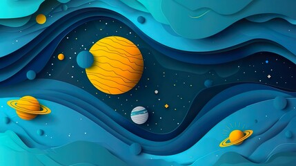 Solar system, galaxies paper art style background vector illustration.