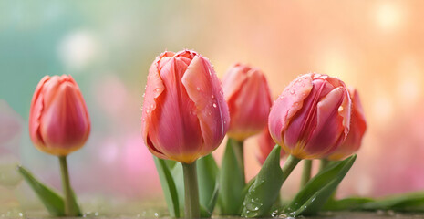 Pink tulips in pastel coral tints at blurry background, closeup Fresh spring flowers in the garden with soft sunlight ai generative