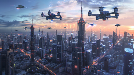 A futuristic cityscape with flying drones and holograp