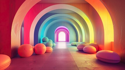 Vibrant Arch gate Shaped Wall Patterns Transforming A 3d Render of A Rainbow Space Interior...