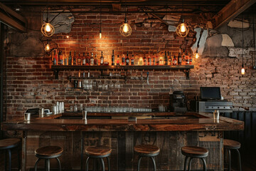 Rustic interior with vintage brick wall dimly lit bar and industrial elements 