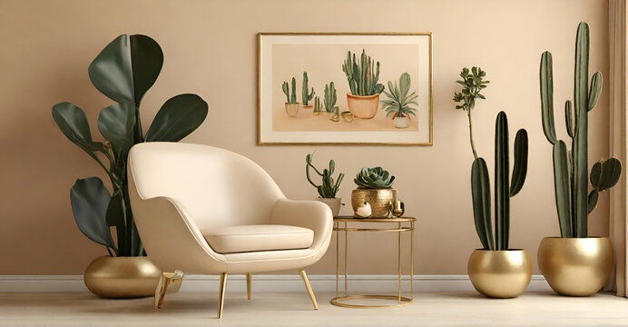 Retro interior design of living room with stylish sofa chair and table, plants, cacti, personal accessories and gold mock up poster frame on the beige wall. Elegant home decorrate ai generative