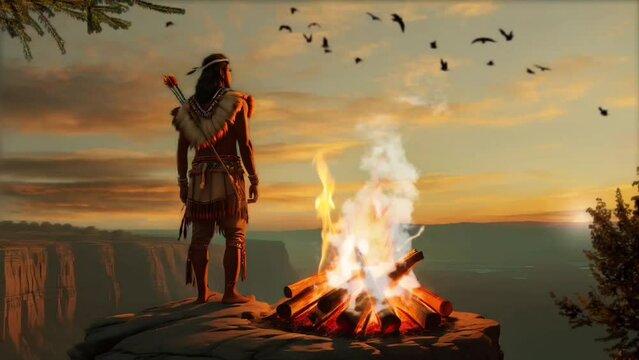 An indigenous American man atop rock cliff with campfire. Seamless looping time-lapse 4k video animation background