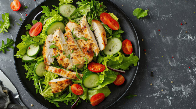 Fresh chicken fillet with salad. Healthy food, keto diet, diet lunch concept. Top view 