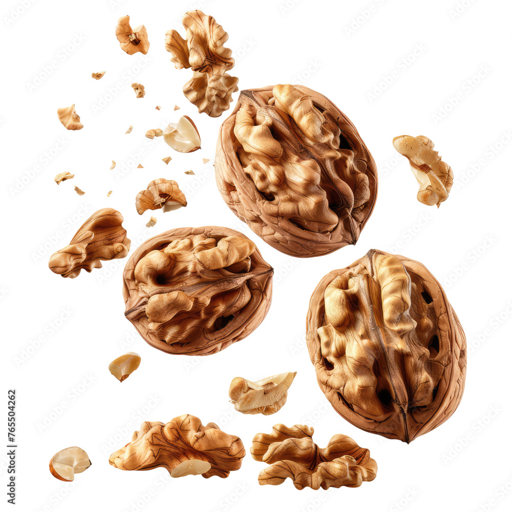 Poster Falling walnuts isolated on transparent background