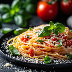 Spaghetti Napoli with parmesan cheese. Traditional italian dish. Close up
