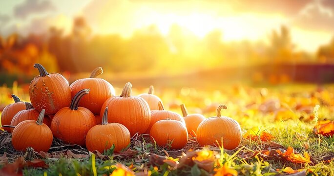 Ripe Pumpkins Basking in the Field at Sunset, A Thanksgiving Scene. Made with Generative AI Technology