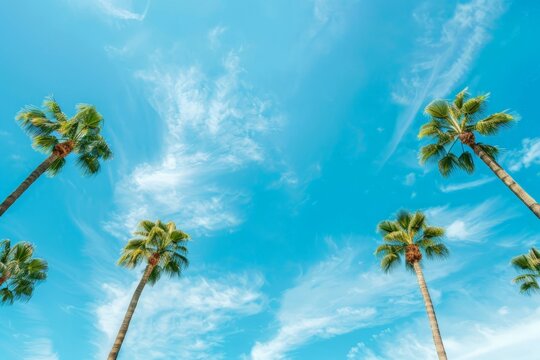 A cluster of palm trees stands tall against a vivid blue sky in the background