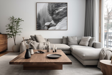 gray couch and wooden table are in a modern living room