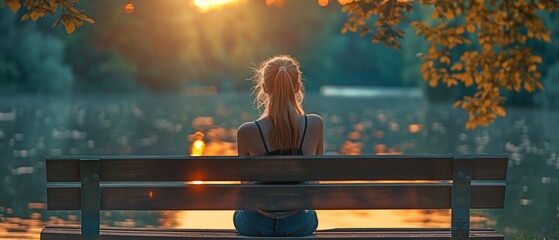 Looking off into the distance, a girl is seated on a park bench. - obrazy, fototapety, plakaty