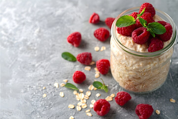Homemade overnight oats for breakfast with raspberries on gray background. Lazy oat porridge in a jar. 