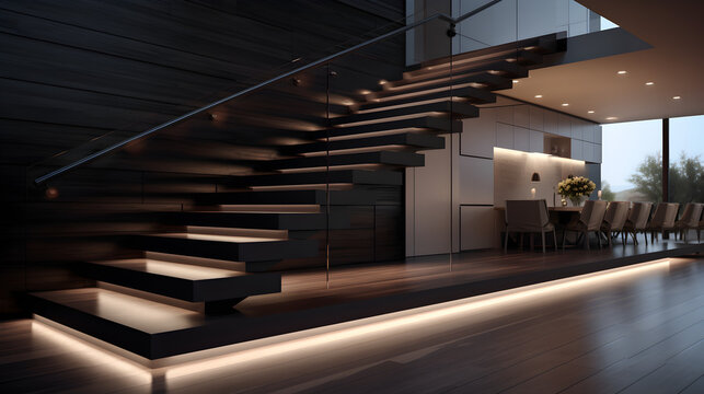 A spacious bright corridor leading to the living room and also to the second floor up the stairs ,Illuminated staircase with wooden steps and illuminated at night in the interior of a large house