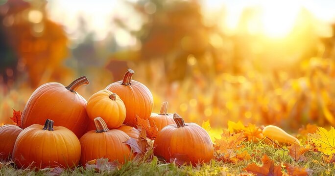 Ripe Pumpkins Basking in the Field at Sunset, A Thanksgiving Scene. Made with Generative AI Technology