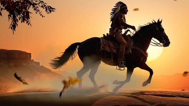 Native American Indian riding horse in the desert. Seamless looping time-lapse 4k video animation background
