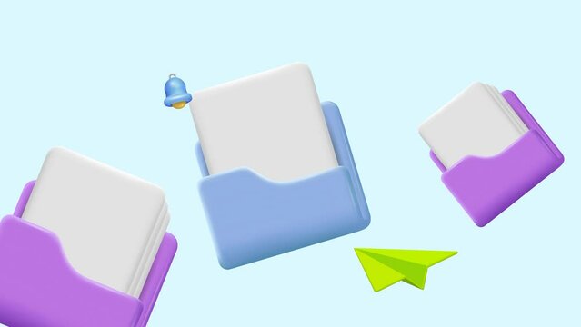 3d icon of an open folder with documents and a paper airplane.
Notifications about a new email. Animation.