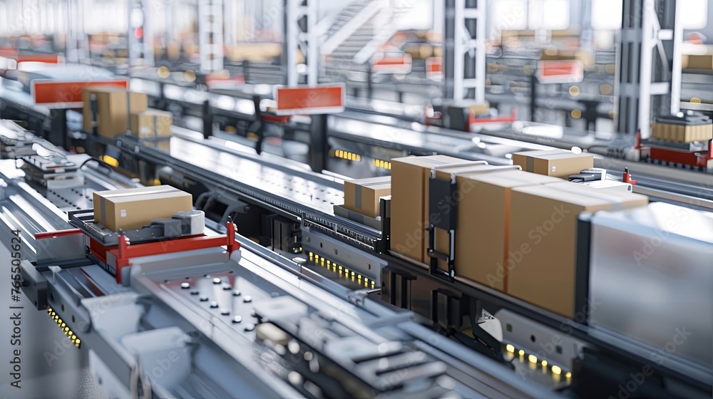 Poster An expansive view of an automated conveyor system sorting packages in a high-tech distribution warehouse. Automated Conveyor System in Distribution Warehouse

