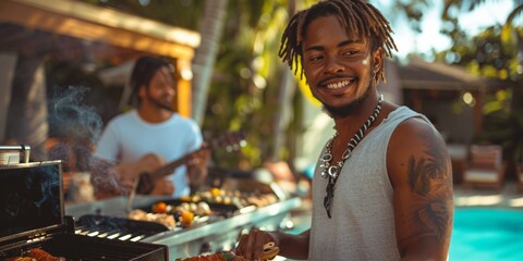Portrait of a happy young man grilling outdoors, enjoying the summer atmosphere by the pool.
