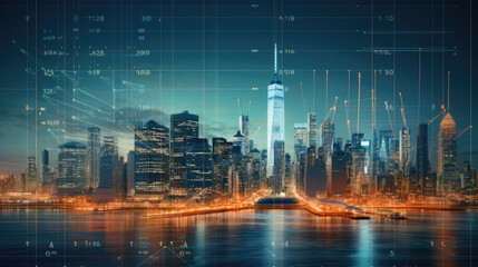 Fototapeta na wymiar Financial graphs and digital indicators overlap with Double exposure of night skyscrapers Melbourne city office buildings background. Banking, financial and trading concept.