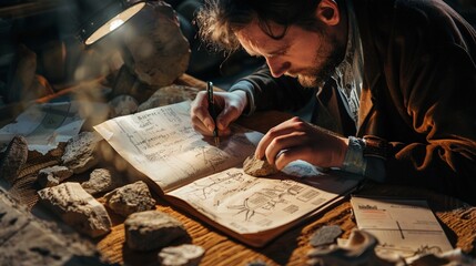 Archaeologist examining Beaker culture artifacts, detailed notes and sketches, crown symbol in the finds, focused light hyper realistic - obrazy, fototapety, plakaty
