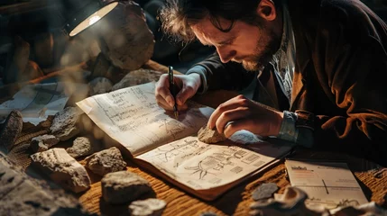 Foto op Canvas Archaeologist examining Beaker culture artifacts, detailed notes and sketches, crown symbol in the finds, focused light hyper realistic © kitidach