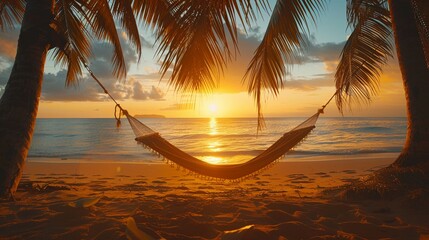 Tranquil beach at sunset, hammock between palms, soft golden light, peaceful solitude , vibrant