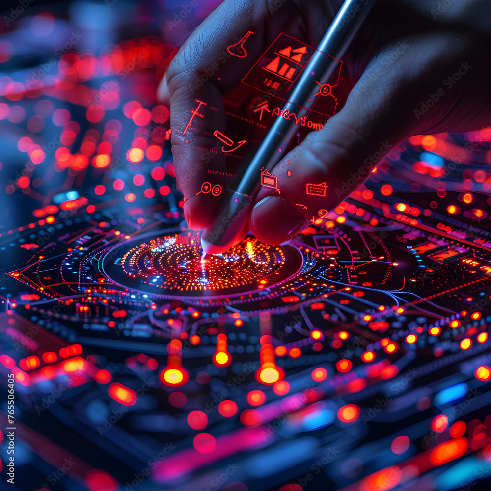 Poster a hand is drawing with a pen onto a glowing circuit on a computer screen. futuristic and high techno