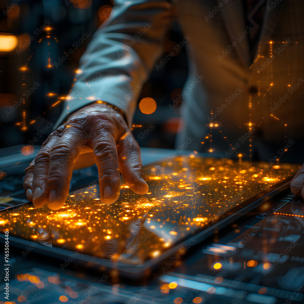 Poster a man is touching a tablet with a glowing screen. concept of wonder and fascination with technology 