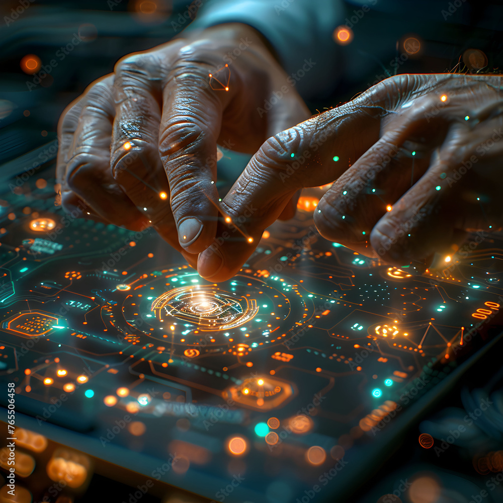 Poster a man is using a tablet with a glowing screen. concept of technology and innovation, as the man's fi