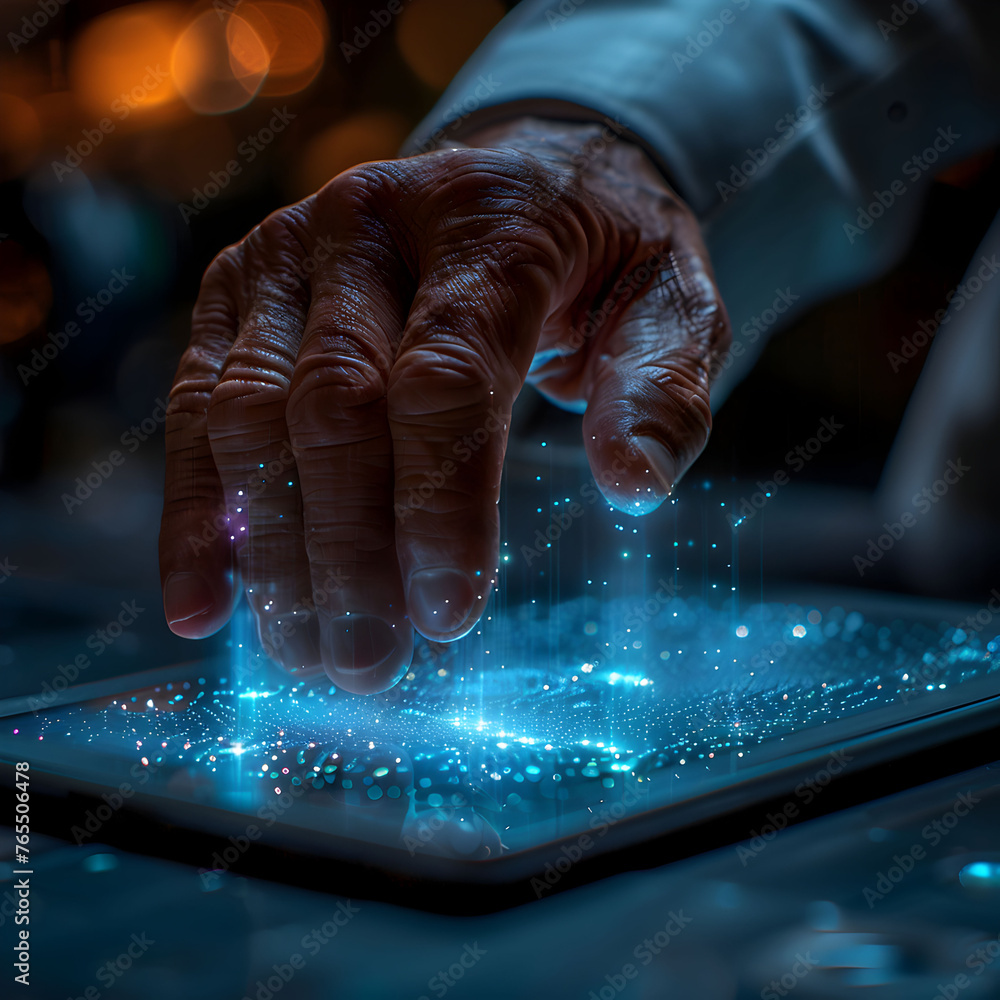 Aufkleber a man is touching a tablet with a glowing screen generative ai