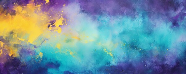 Turquoise and yellow watercolour splatter background, purple yellow