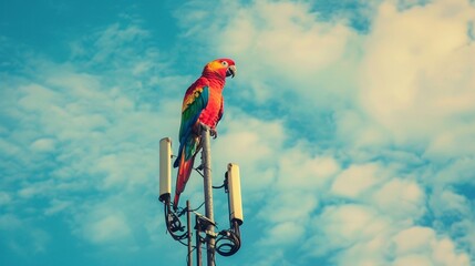 Exotic bird perched on cell tower, vibrant feathers against the sky, fusion of nature and technology no grunge