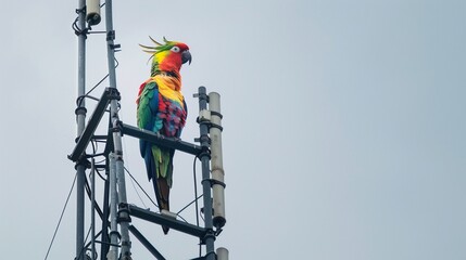 Exotic bird perched on cell tower, vibrant feathers against the sky, fusion of nature and technology no grunge