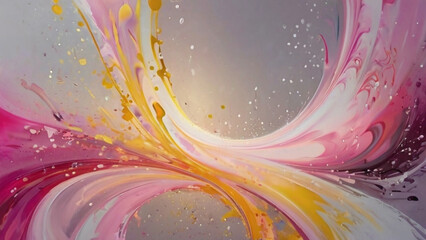 The abstract background is a mesmerizing blend of vibrant hues, with swirls of pink , yellow , purple , and baby pink intermingling to create a captivating display of color and light. Splashes of pink