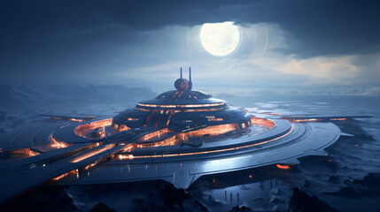 A futuristic spaceport with spacecraft coming and goin