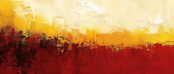  A painting with vibrant hues of yellow and red on a white-yellow backdrop, featuring a red and yellow stripe at its base